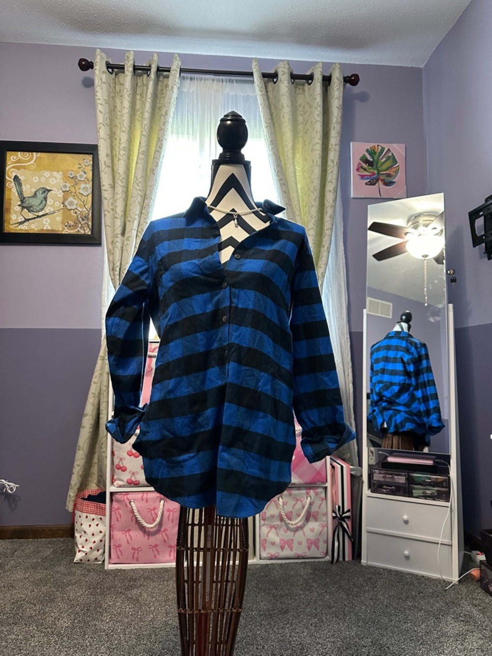Joan Rivers Blue and Black Striped Men's Button-Up Shirt XS